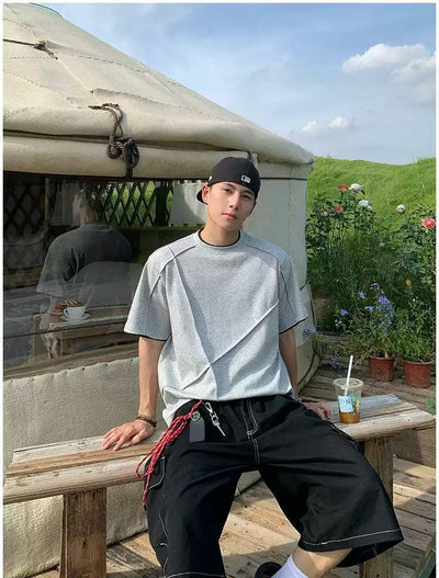 Holo Structured Contrast Seamed T-Shirt-korean-fashion-T-Shirt-Holo's Closet-OH Garments
