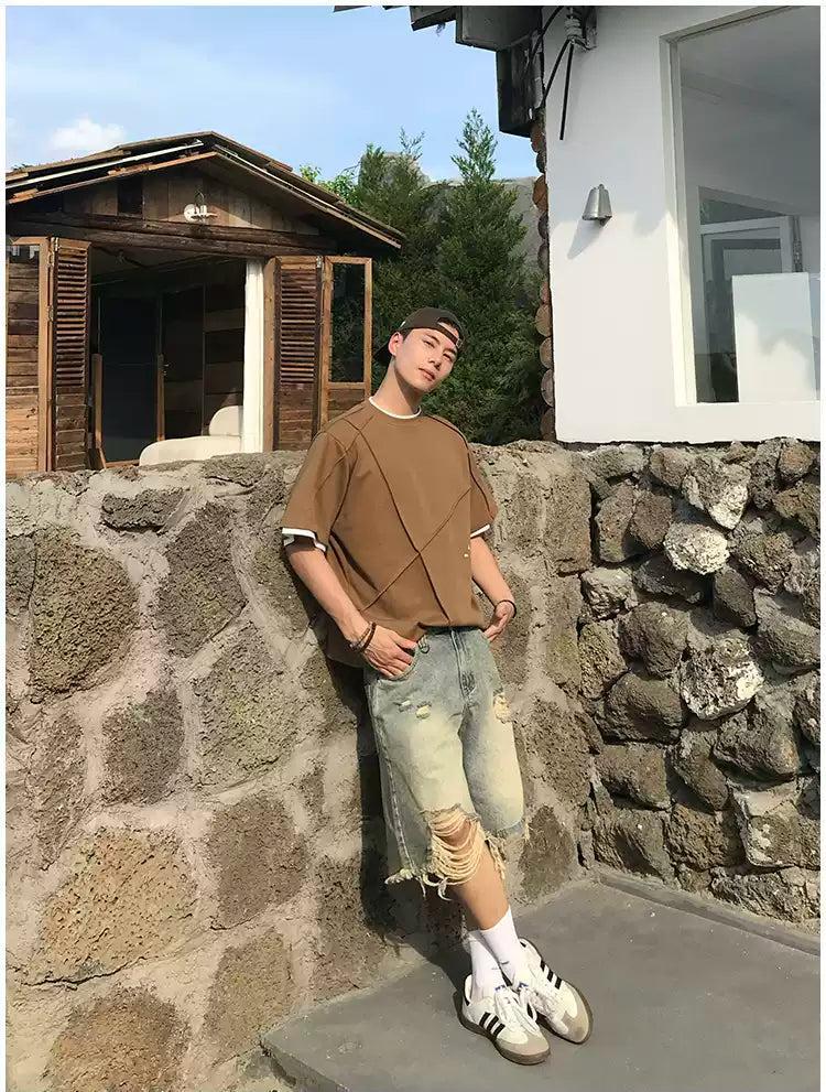 Holo Structured Contrast Seamed T-Shirt-korean-fashion-T-Shirt-Holo's Closet-OH Garments