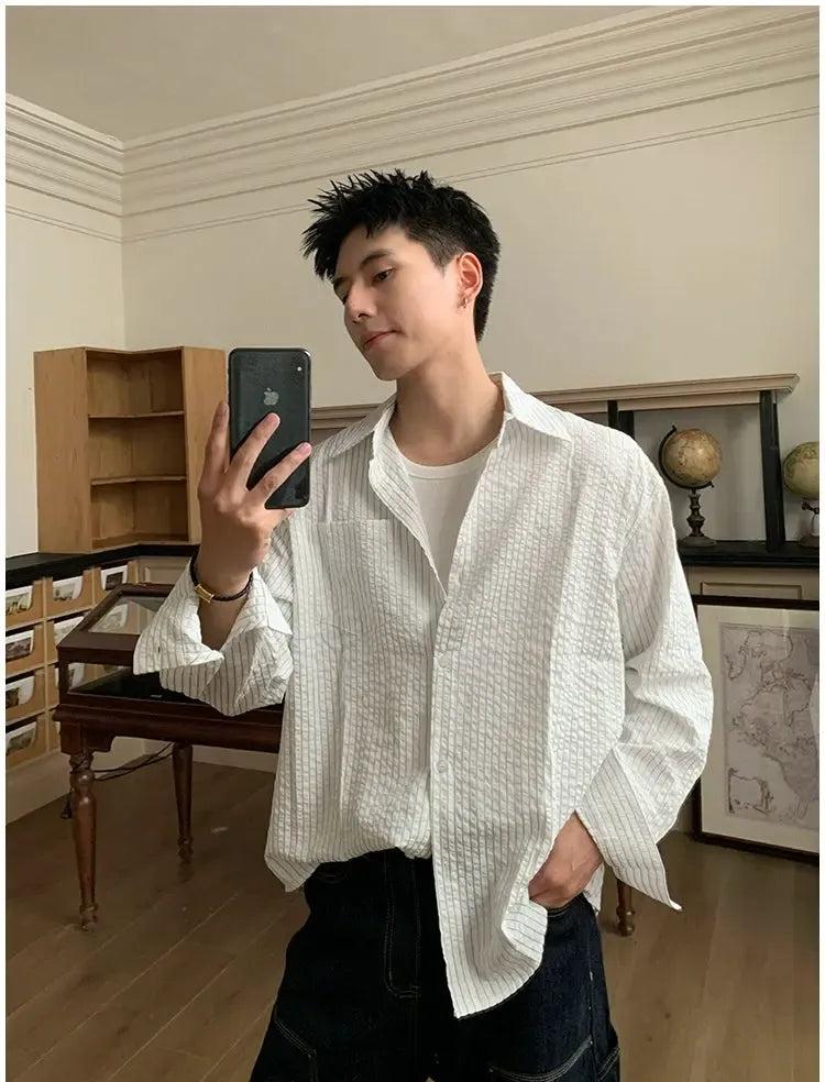 Holo Textured Stripes L/S Shirt-korean-fashion-Shirt-Holo's Closet-OH Garments
