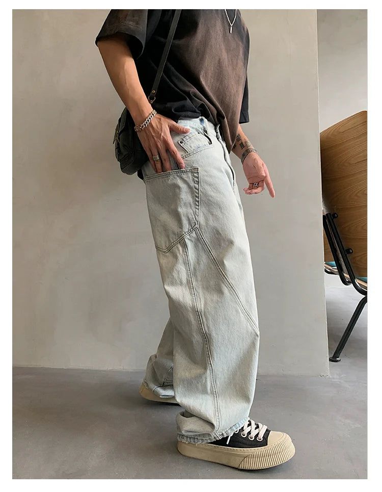 Hu Diagonal Seams Loose Jeans-korean-fashion-Jeans-Hu's Closet-OH Garments