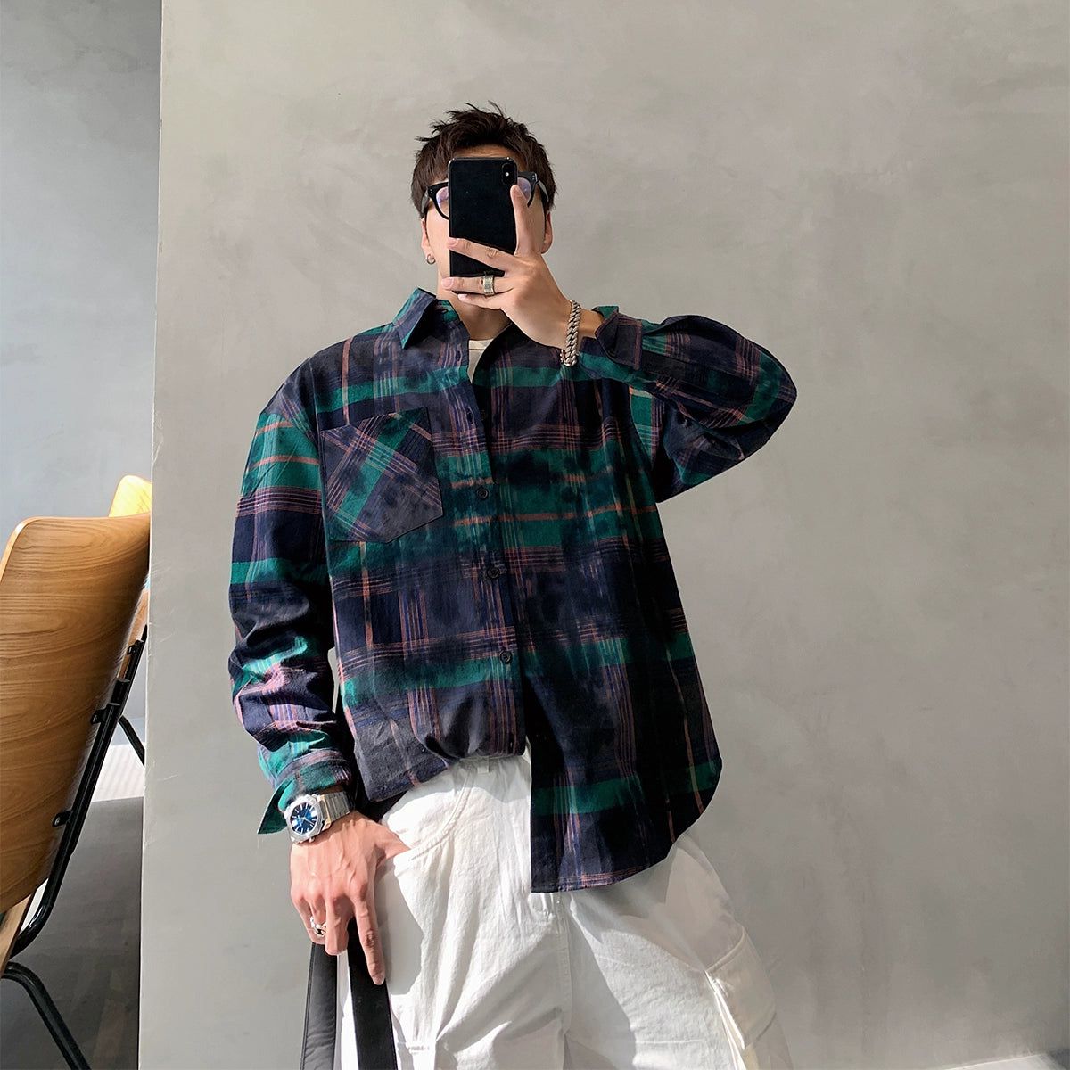 Hu Dye Spots Plaid Shirt-korean-fashion-Shirt-Hu's Closet-OH Garments
