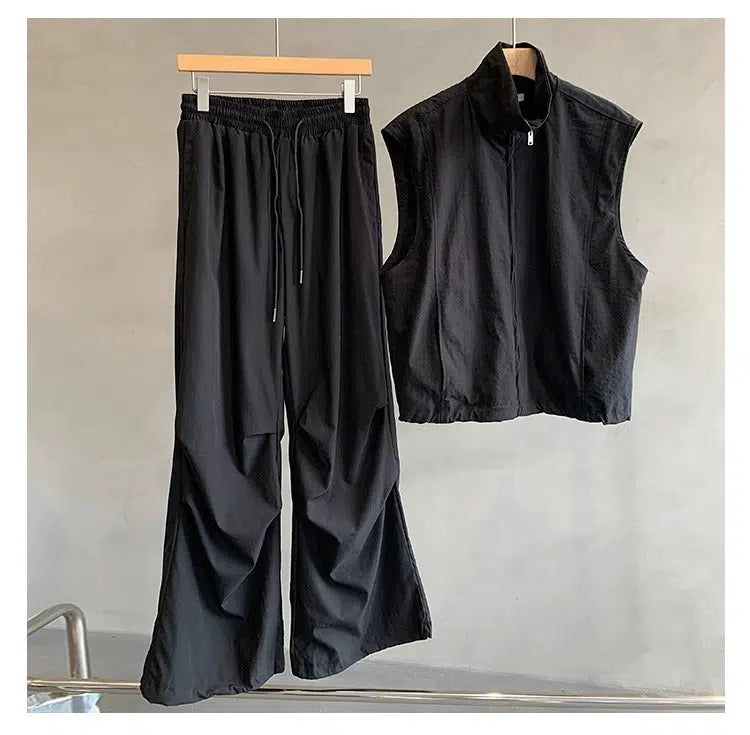 Hu Nylon Zipped Vest & Track Pants Set-korean-fashion-Clothing Set-Hu's Closet-OH Garments