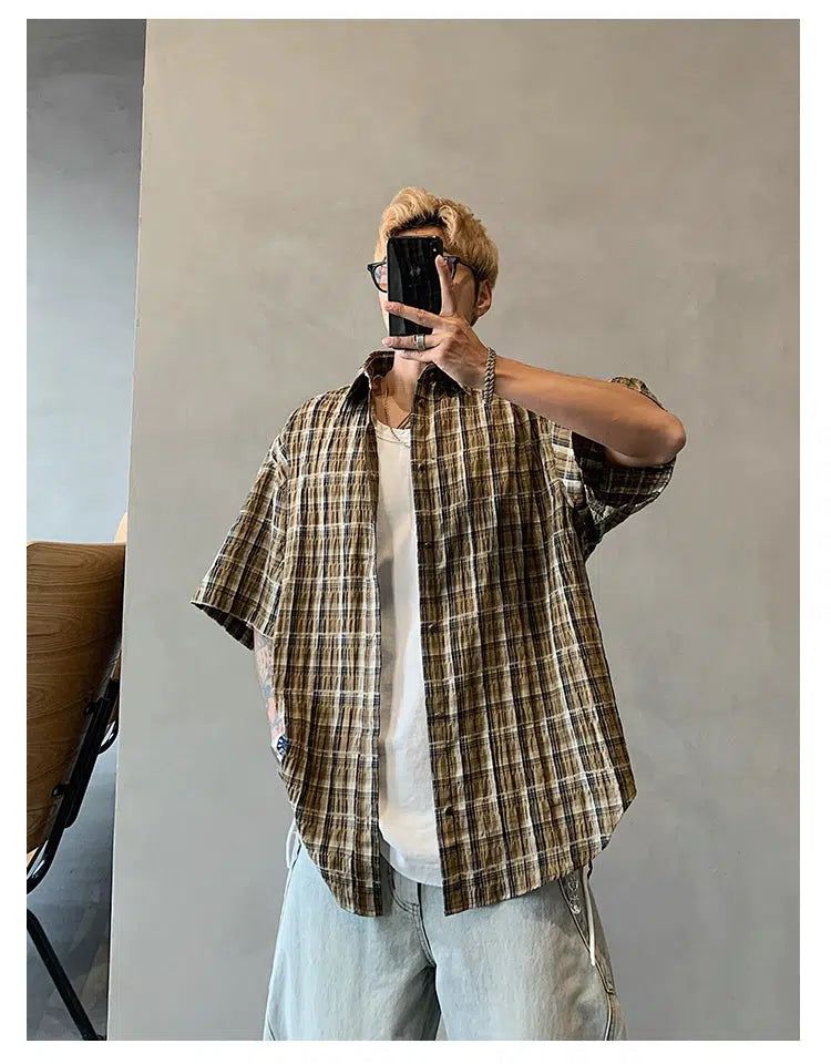 Hu Plaid Pleated Short Sleeve Shirt-korean-fashion-Shirt-Hu's Closet-OH Garments