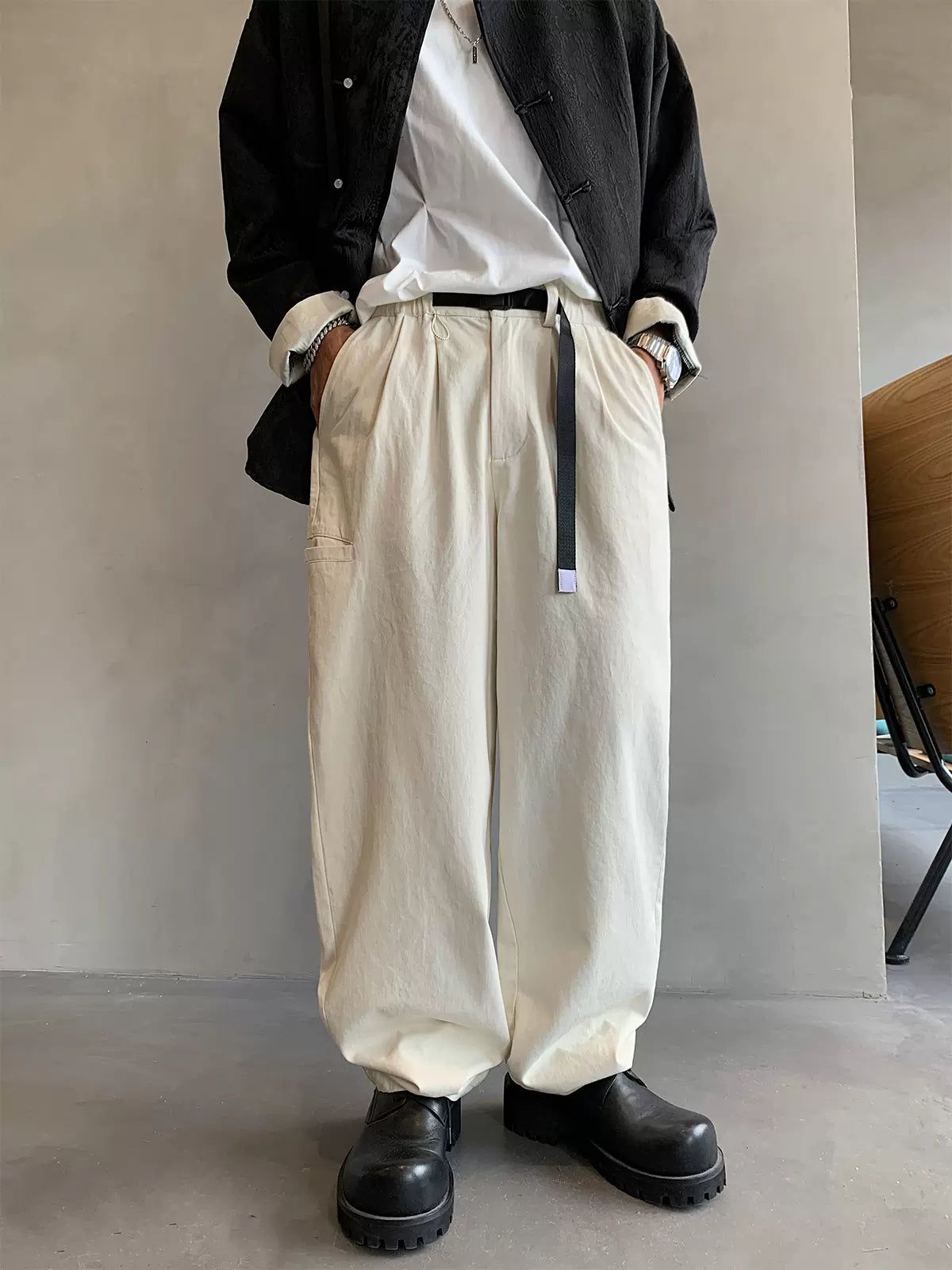 Hu Slant Pocket Belt Strap Pants-korean-fashion-Pants-Hu's Closet-OH Garments