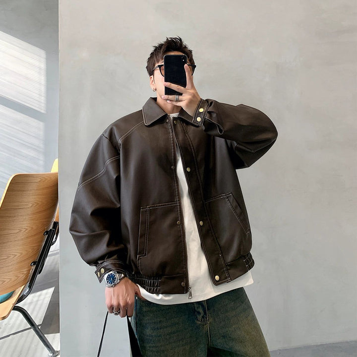 お歳暮 時期 hu-stitched-outline-pu-leather ジャケット・アウター