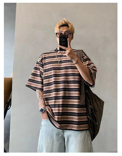 Hu Vintage Striped Loose T-Shirt-korean-fashion-T-Shirt-Hu's Closet-OH Garments
