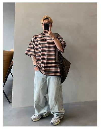 Hu Vintage Striped Loose T-Shirt-korean-fashion-T-Shirt-Hu's Closet-OH Garments