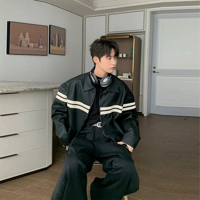 Hua Bar Striped Lapel PU Leather Jacket-korean-fashion-Jacket-Hua's Closet-OH Garments