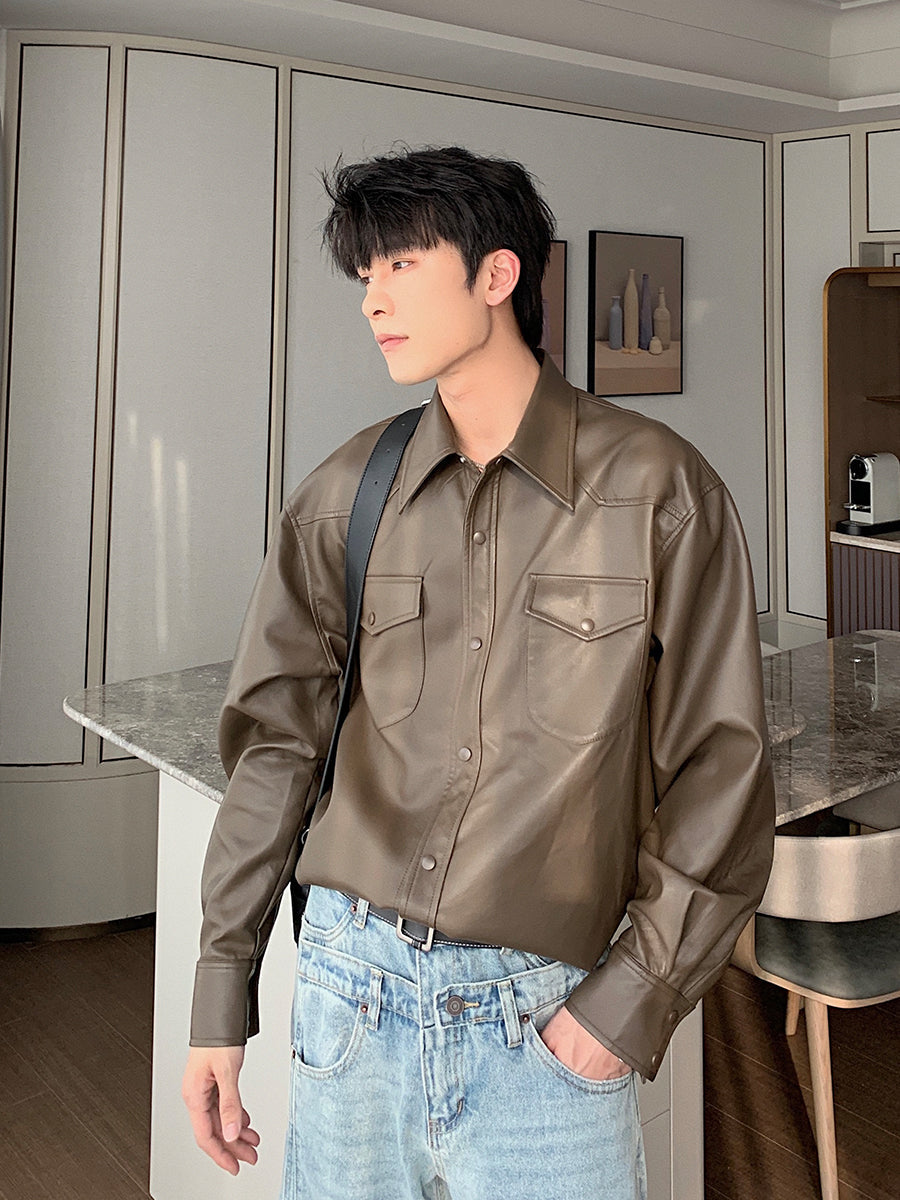 Hua Breast Pocket PU Leather Shirt-korean-fashion-Shirt-Hua's Closet-OH Garments