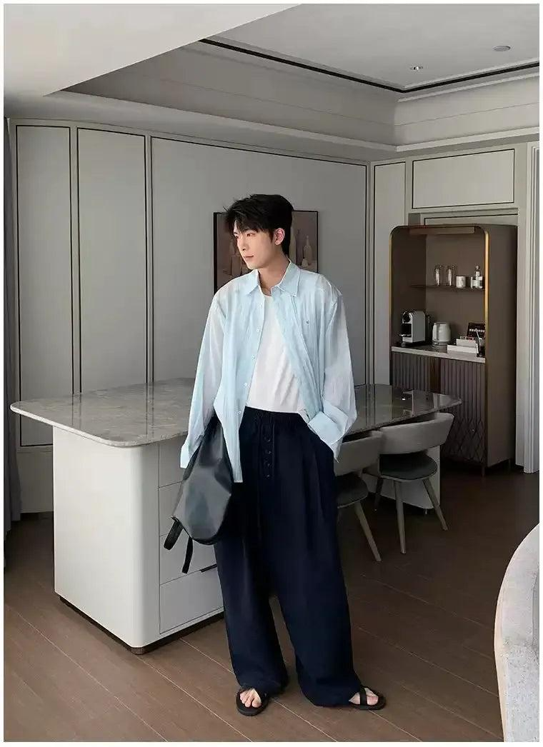 Hua Button-Down Textured Wide Pants-korean-fashion-Pants-Hua's Closet-OH Garments