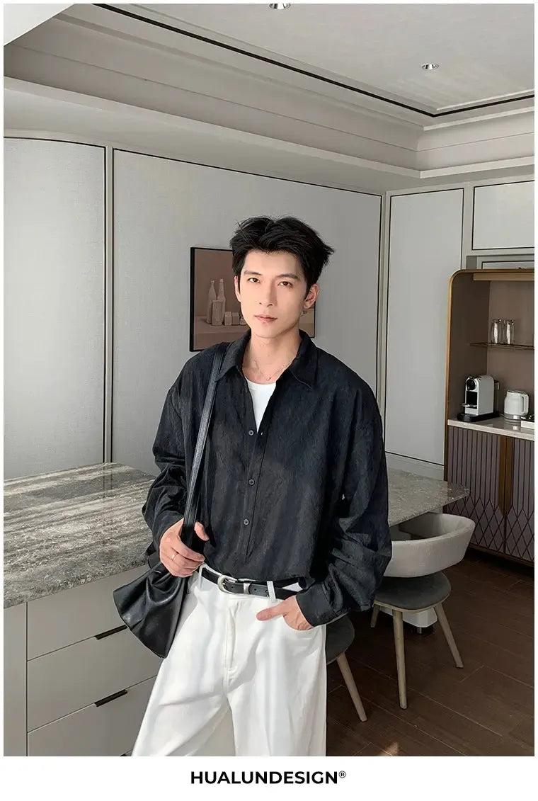 Hua Casual Textured Half-Buttoned Shirt-korean-fashion-Shirt-Hua's Closet-OH Garments