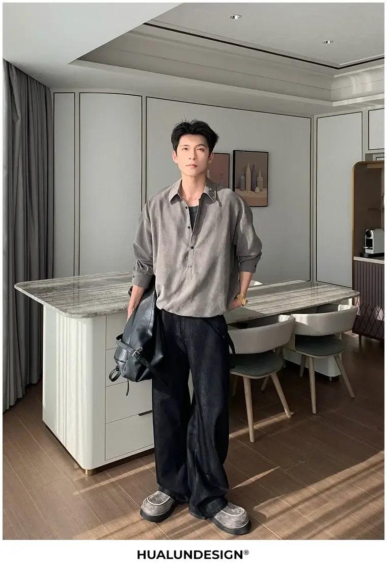 Hua Casual Textured Half-Buttoned Shirt-korean-fashion-Shirt-Hua's Closet-OH Garments