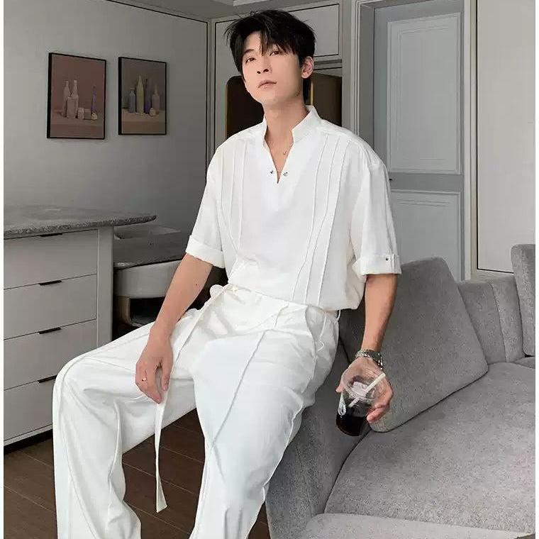 Hua Chic Pleated V-Neck Shirt-korean-fashion-Shirt-Hua's Closet-OH Garments