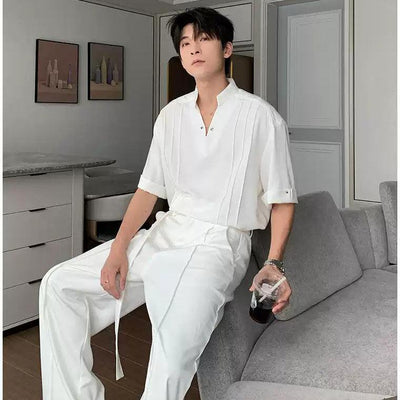 Hua Chic Pleated V-Neck Shirt-korean-fashion-Shirt-Hua's Closet-OH Garments