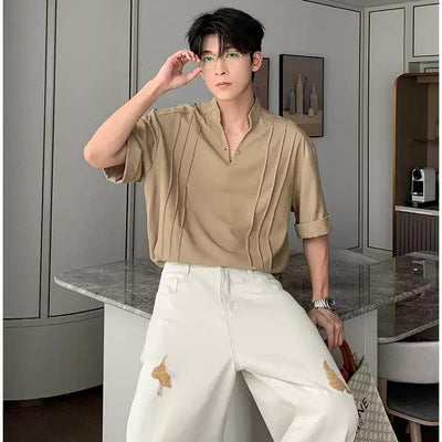 Hua Chic Pleated V-Neck Shirt-korean-fashion-Shirt-Hua's Closet-OH Garments