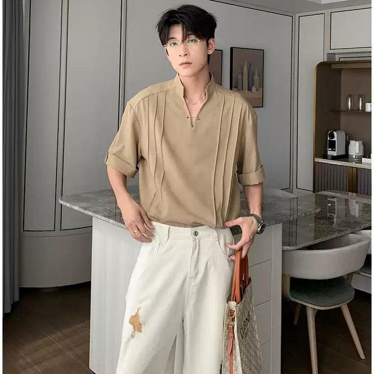 Hua Chic Pleated V-Neck Shirt-korean-fashion-Shirt-Hua's Closet-OH Garments