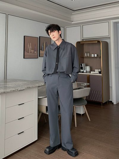 Hua Collegiate Casual Tie Long Sleeve Shirt & Pants Set-korean-fashion-Clothing Set-Hua's Closet-OH Garments