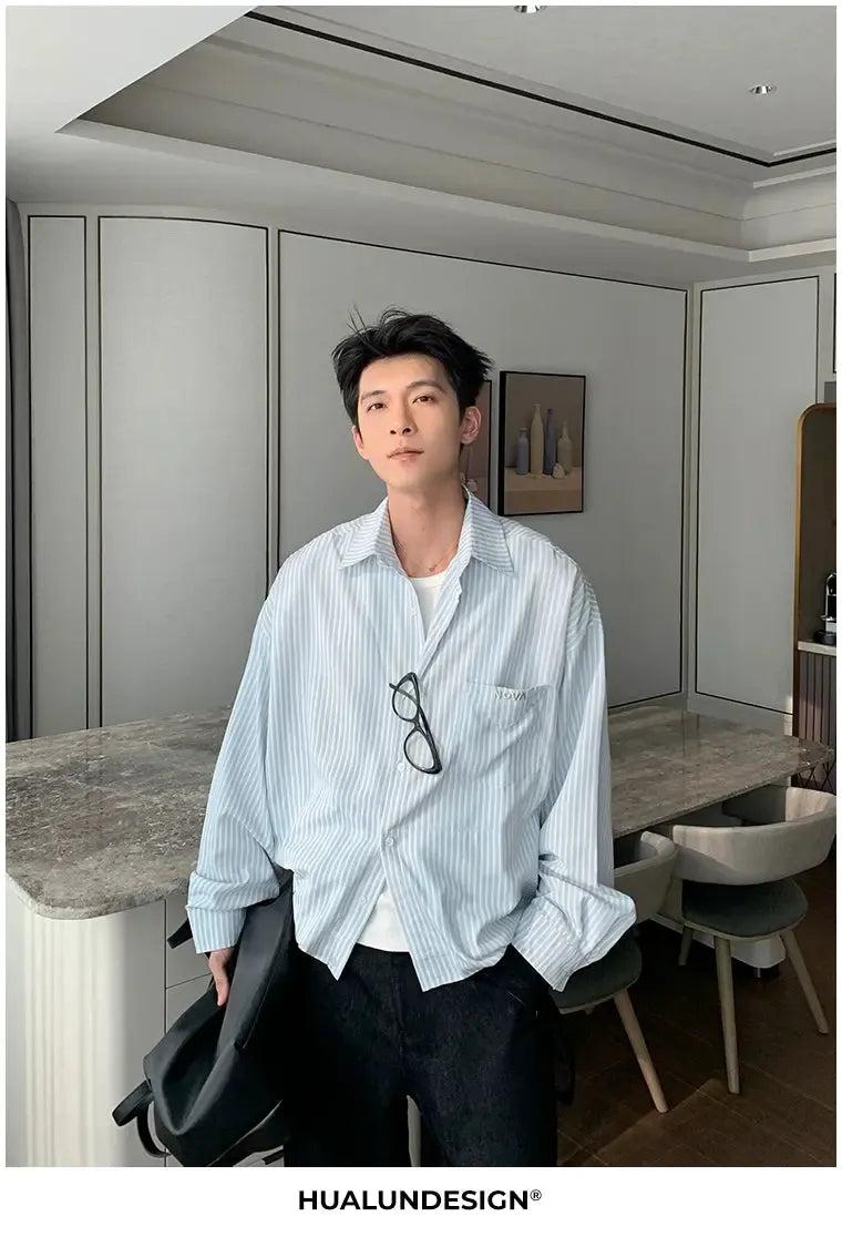 Hua Collegiate Vertical Striped Shirt-korean-fashion-Shirt-Hua's Closet-OH Garments