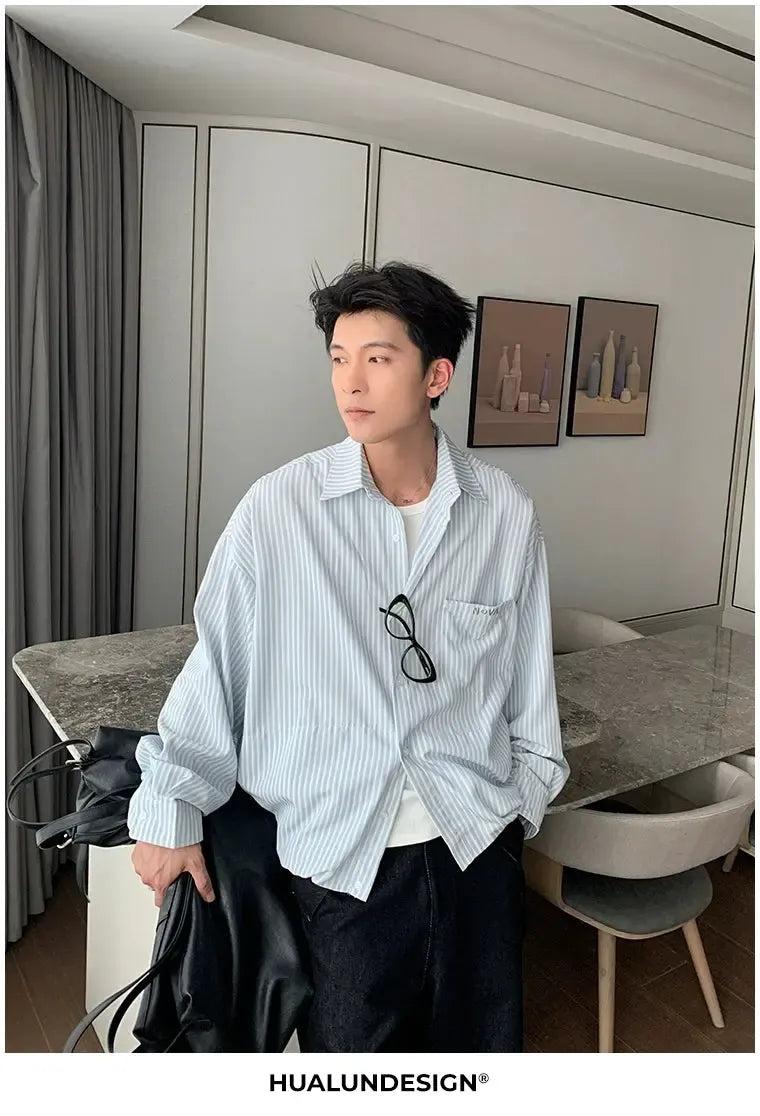 Hua Collegiate Vertical Striped Shirt-korean-fashion-Shirt-Hua's Closet-OH Garments