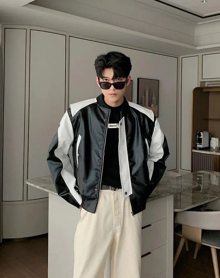 Hua Color Blocks & Splice PU Leather Jacket-korean-fashion-Jacket-Hua's Closet-OH Garments