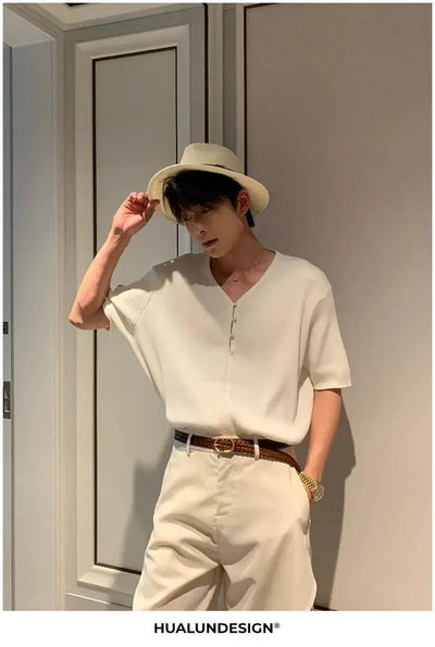 Hua Comfy V-Neck Knit T-Shirt-korean-fashion-T-Shirt-Hua's Closet-OH Garments