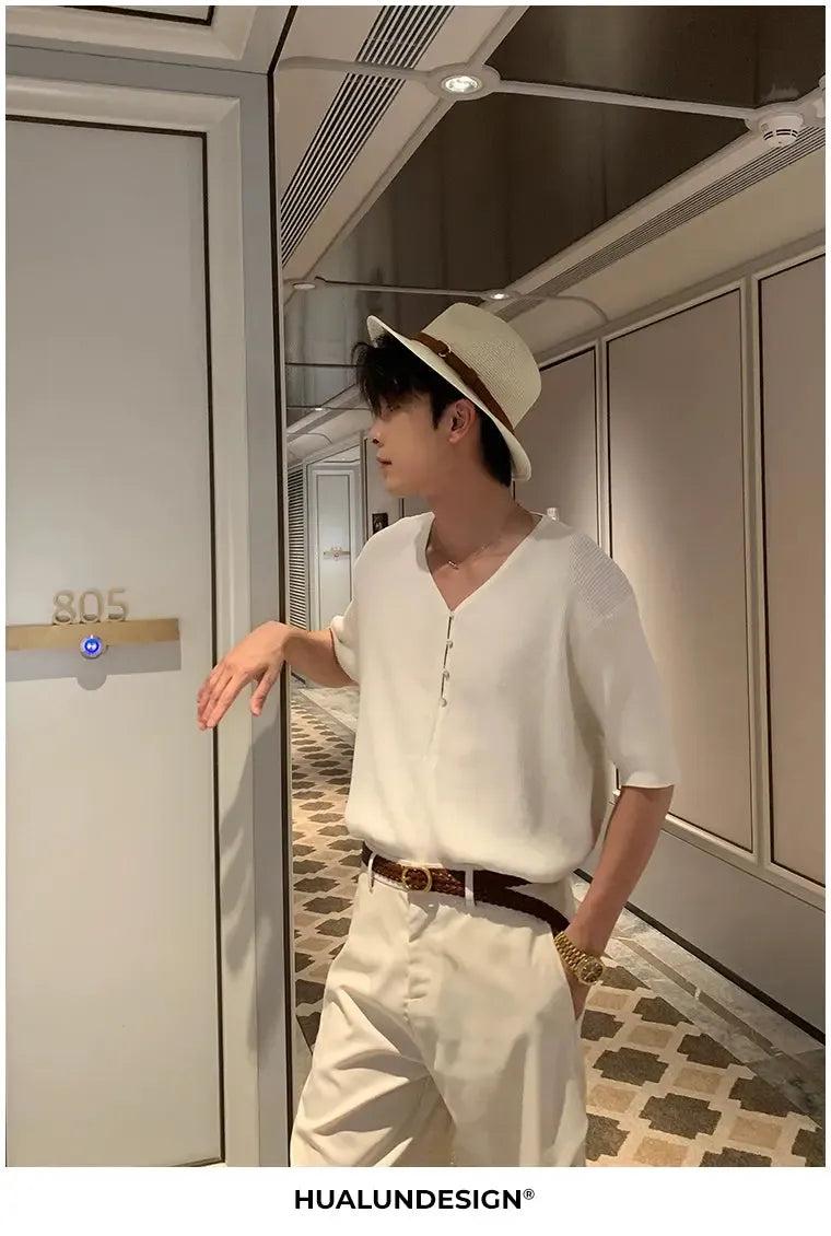 Hua Comfy V-Neck Knit T-Shirt-korean-fashion-T-Shirt-Hua's Closet-OH Garments