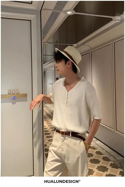 Hua Comfy V-Neck Knit T-Shirt-korean-fashion-T-Shirt-Hua's Closet-OH Garments