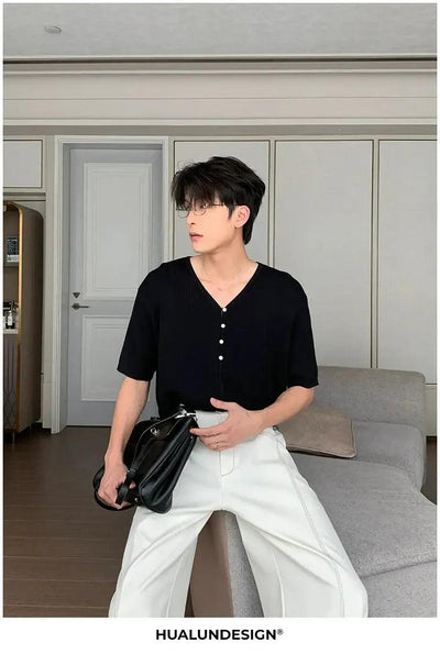 Hua Comfy V-Neck Knit T-Shirt-korean-fashion-T-Shirt-Hua's Closet-OH Garments