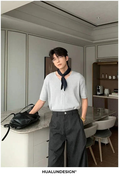 Hua Comfy V-Neck Knit T-Shirt-korean-fashion-T-Shirt-Hua's Closet-OH Garments