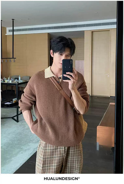Hua Contrast Collar Textured Knit Polo-korean-fashion-Polo-Hua's Closet-OH Garments