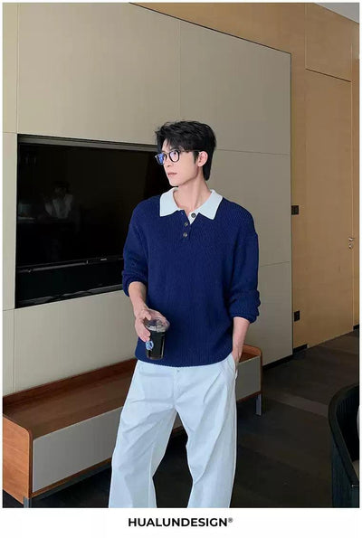 Hua Contrast Collar Textured Knit Polo-korean-fashion-Polo-Hua's Closet-OH Garments