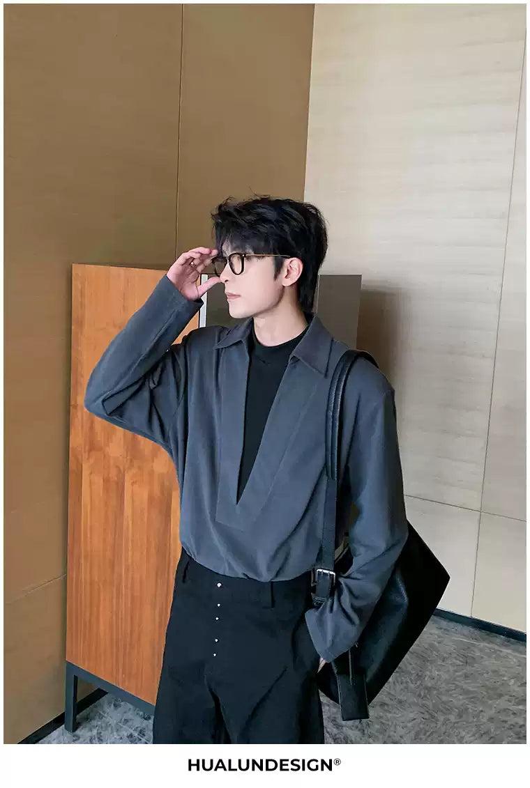 Hua Contrast Layered Deep V-Neck T-Shirt-korean-fashion-T-Shirt-Hua's Closet-OH Garments