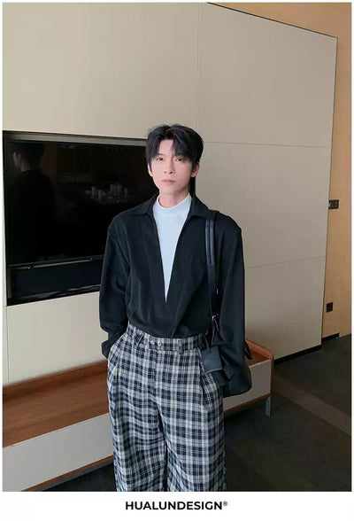 Hua Contrast Layered Deep V-Neck T-Shirt-korean-fashion-T-Shirt-Hua's Closet-OH Garments