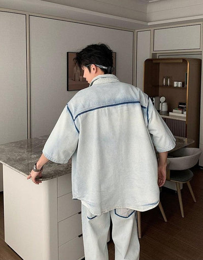 Hua Contrast Seam Line Denim Shirt & Jeans Set-korean-fashion-Clothing Set-Hua's Closet-OH Garments