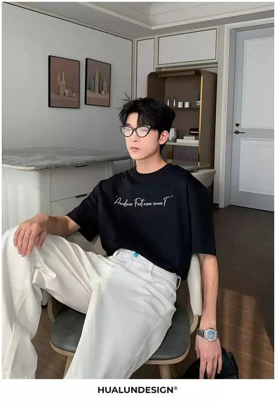 Hua Cursive Letters Print T-Shirt-korean-fashion-T-Shirt-Hua's Closet-OH Garments