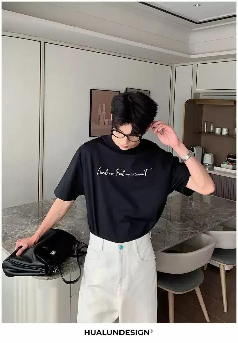 Hua Cursive Letters Print T-Shirt-korean-fashion-T-Shirt-Hua's Closet-OH Garments