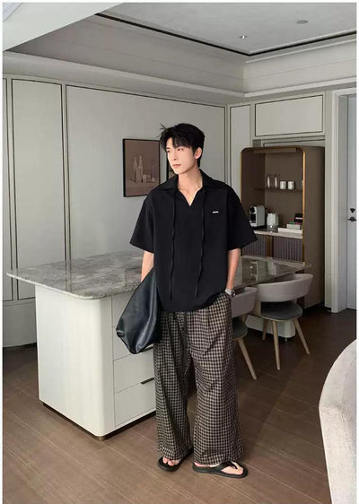 Hua Drawstring Check Wide Leg Pants-korean-fashion-Pants-Hua's Closet-OH Garments