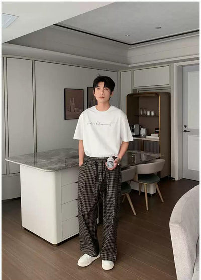 Hua Drawstring Check Wide Leg Pants-korean-fashion-Pants-Hua's Closet-OH Garments