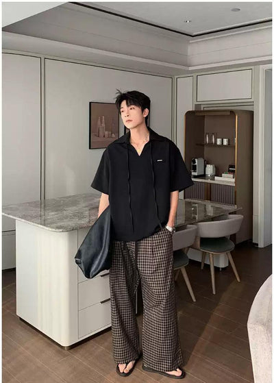Hua Drawstring Check Wide Leg Pants-korean-fashion-Pants-Hua's Closet-OH Garments