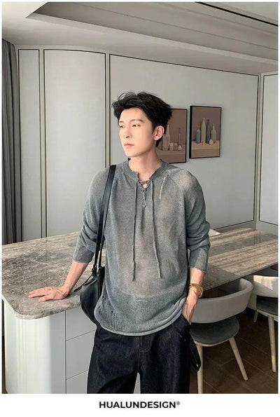 Hua Dsitressed Breathable Lace-Up Sweater-korean-fashion-Sweater-Hua's Closet-OH Garments