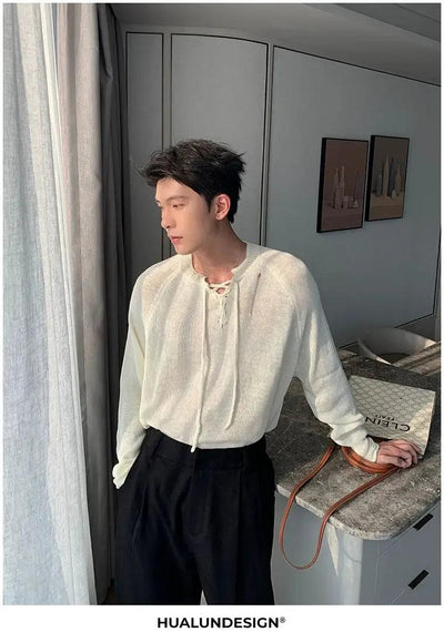 Hua Dsitressed Breathable Lace-Up Sweater-korean-fashion-Sweater-Hua's Closet-OH Garments