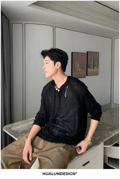 Hua Dsitressed Breathable Lace-Up Sweater-korean-fashion-Sweater-Hua's Closet-OH Garments
