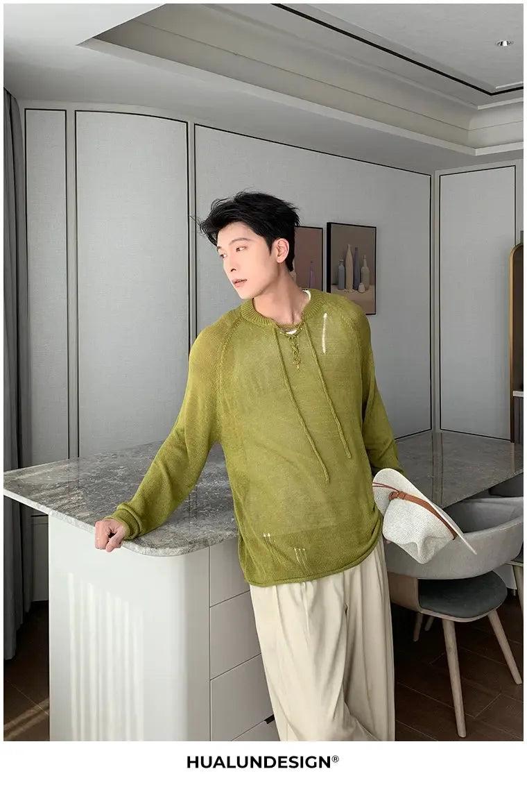 Hua Dsitressed Breathable Lace-Up Sweater-korean-fashion-Sweater-Hua's Closet-OH Garments