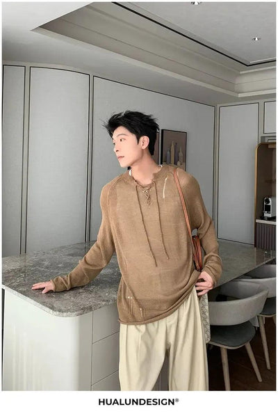 Hua Dsitressed Breathable Lace-Up Sweater-korean-fashion-Sweater-Hua's Closet-OH Garments