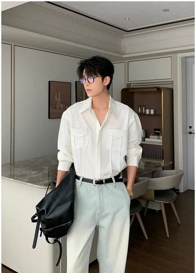Hua Embossed Lines Pocket Shirt-korean-fashion-Shirt-Hua's Closet-OH Garments