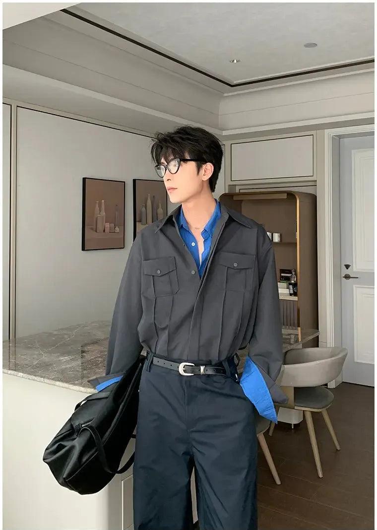 Hua Embossed Lines Pocket Shirt-korean-fashion-Shirt-Hua's Closet-OH Garments