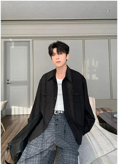 Hua Embossed Lines Pocket Shirt-korean-fashion-Shirt-Hua's Closet-OH Garments