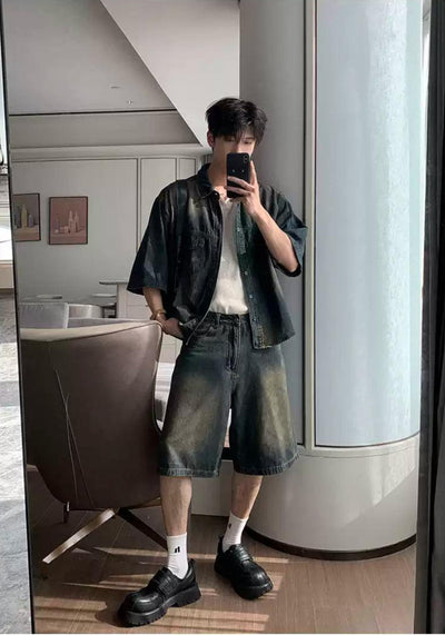 Hua Faded & Washed Denim Shirt & Shorts Set-korean-fashion-Clothing Set-Hua's Closet-OH Garments