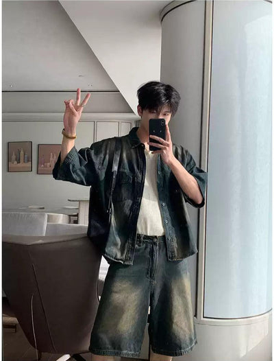 Hua Faded & Washed Denim Shirt & Shorts Set-korean-fashion-Clothing Set-Hua's Closet-OH Garments