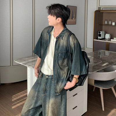 Hua Faded & Washed Denim Shirt & Shorts Set-korean-fashion-Clothing Set-Hua's Closet-OH Garments
